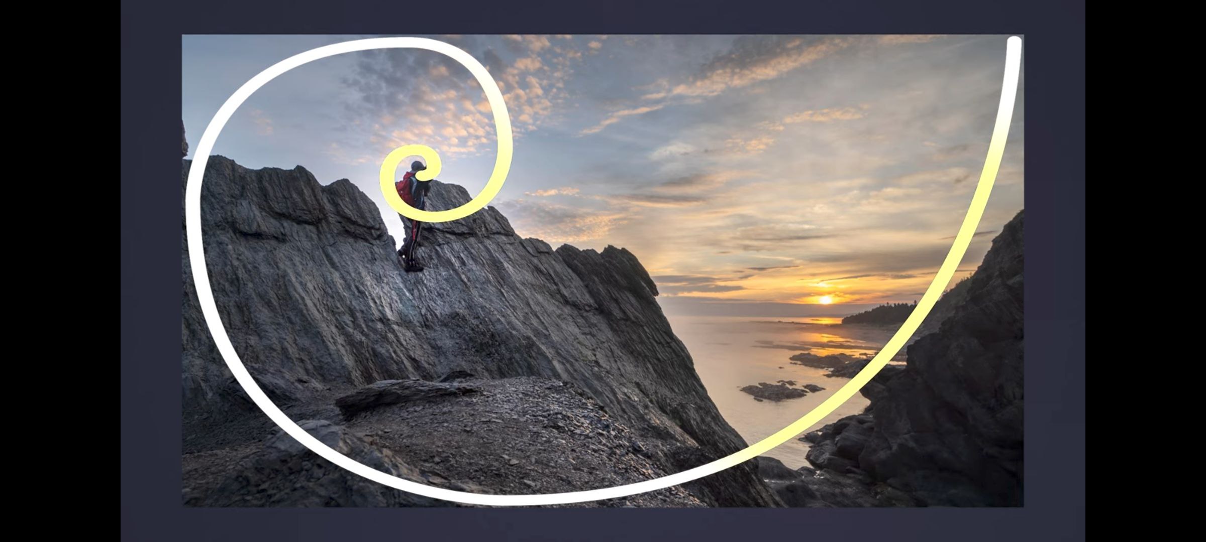 Visual representation of the Golden Ratio spiral overlaid on a photograph